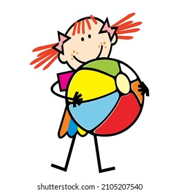 girl and beach ball, color vector illustration on white background