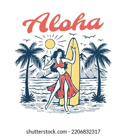 Girl, beach and coconut tree illustration
