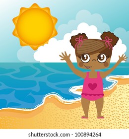 girl in the beach over sand, background. vector illustration