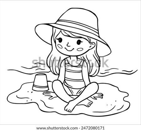 Girl Beach Summer Contour Linear Drawing Children's Coloring Book