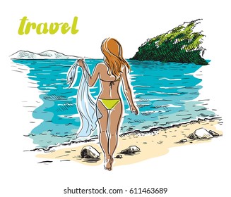 Girl and the beach. Summer time