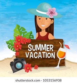 girl in the beach with summer vacations icons