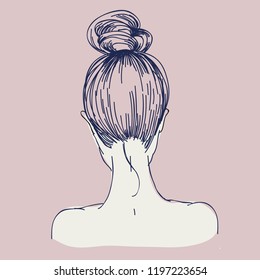 girl with a beam on his head. nape of girl with hairstyle. vector linear illustration