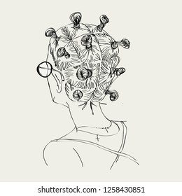 girl with a beam on his head. nape of girl with hairstyle. vector linear illustration
