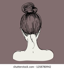 girl with a beam on his head. nape of girl with hairstyle. vector linear illustration