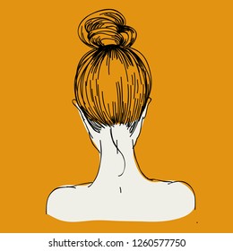 girl with a beam on his head. nape of girl with hairstyle. vector linear illustration