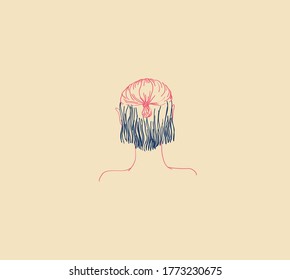 girl with a beam on his head. nape of girl with hairstyle. vector linear illustration