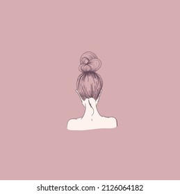 girl with a beam on his head. nape of girl with hairstyle. vector linear illustration