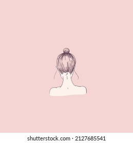 girl with a beam on his head. nape of girl with hairstyle. vector linear illustration