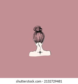 girl with a beam on his head. nape of girl with hairstyle with tattoo. vector linear illustration