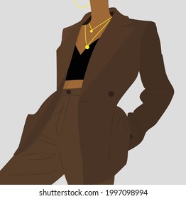 Girl with a beam in a suit and top. Young business lady dressed in fashion with jewelry. Modern vector flat illustration. Design for cards, posters, backgrounds, templates, textiles, avatars.
