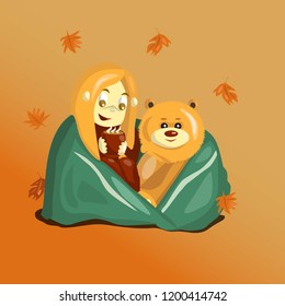 a girl and a bear in autumn