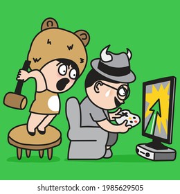 The Girl In Bear Head is going to hit the Boy In Bull Hat With Hammer. Bearish Versus Bullish Financial Concept Card Character illustration