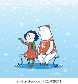 Girl and a bear sitting on a bench in winter. Snow, Christmas, New Year.Children's Christmas card