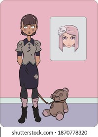 Girl with bear and wall poster