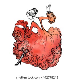 Girl in a beautiful ball gown. Spanish woman dancing flamenco. Digital watercolor illustration.