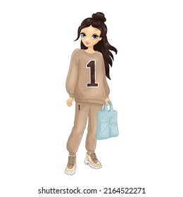 Girl in beautiful beige sports suit with big blue bag