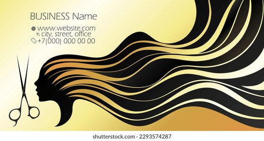 Girl with beautiful curls of hair. Hairstylist scissors. Golden business card for a beauty salon