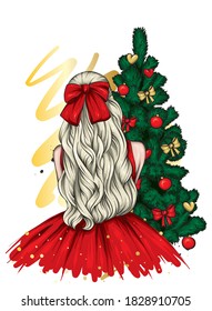 Girl in a beautiful dress with long hair and a bow. Fashion and style, vintage and retro. New Year's and Christmas.