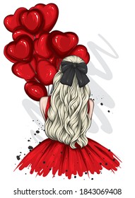 Girl in a beautiful dress with long hair and a bow. Fashion and style, vintage and retro. Love, Valentine's Day.