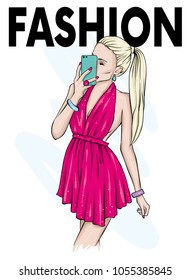 A girl in a beautiful dress makes selfie with a smartphone. Fashion, style, clothing and accessories. Vector illustration. Stylish girl.