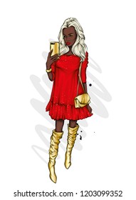 A girl in a beautiful dress makes selfie with a smartphone. Fashion, style, clothing and accessories. Vector illustration. Stylish girl. Beautiful dress, boots and bag. Black woman.