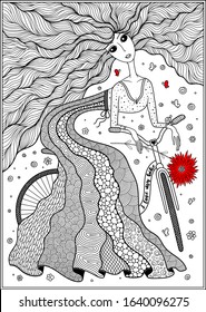   Girl in a beautiful dress on a bicycle. Poster on a bicycle theme.  