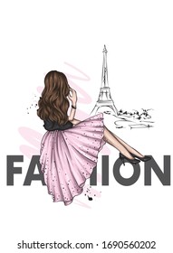 Girl in a beautiful dress and shoes. France and Paris. Vector illustration for greeting card or poster, fashion and style, clothes and accessories.