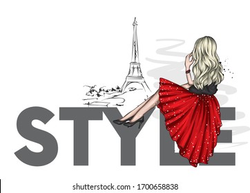 Chica con un hermoso vestido y zapatos. Francia y París. Ilustración vectorial para tarjeta de felicitación o afiche, moda y estilo, ropa y accesorios.