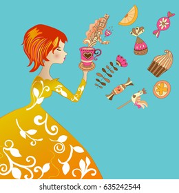 girl in a beautiful dress with sweets