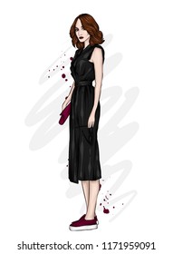 A girl in a beautiful dress. Vector illustration. Clothing and accessories, vintage and retro.
