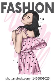 A girl in a beautiful dress. Vector illustration. Clothing and accessories, vintage and retro.