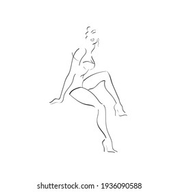 a girl with a beautiful figure and slender legs is sitting. lady with a model appearance. vector line art illustration forbeauty salon, shit. Clothing and lingerie store.