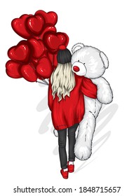 A girl with beautiful hair and a teddy bear and heart-shaped balloons. Love, Valentine's Day.