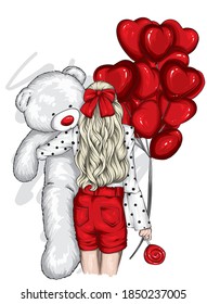 A girl with beautiful hair and a teddy bear and heart-shaped balloons. Love, Valentine's Day.