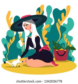 Girl in a beautiful hat and a little white cat in the garden. Illustration in flat style