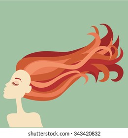 Girl with beautiful long red hair. Vector illustration