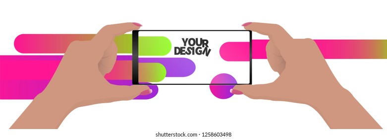 Girl and beautiful manicure are shooting your design logo abstract background  Hands   smartphone and copy space  Design poster  website header banner  Vector illustration 