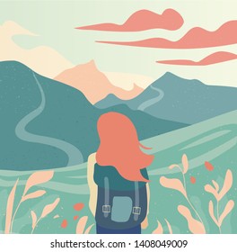 Girl and beautiful mountain landscape vector illustration. Journey vacation & holiday outdoor concept. Travel, trip, adventure design 