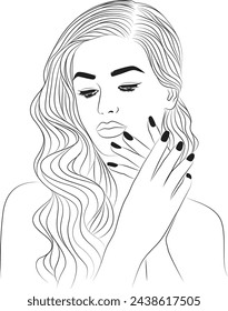 girl with beautiful nails hands hair lineart