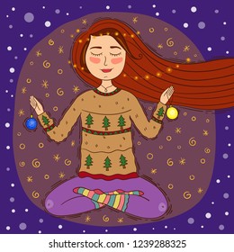 A girl with beautiful red hair is sitting in a Christmas sweater with Christmas decorations in her hands. Vector image.