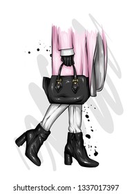 Girl in beautiful shoes with heels, a coat and with a stylish bag. Fashion and style, clothing and accessories. Vector illustration for greeting card or poster, print on clothes.