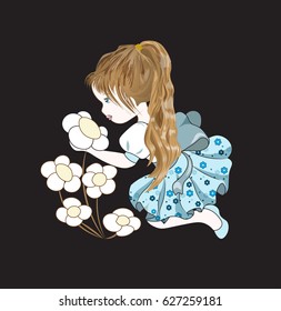 the girl in a beautiful skirt smells beautiful chamomiles