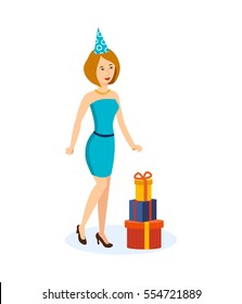 The girl in a beautiful, smart dress and festive hat, celebrating a birthday, and is located near the gifts. Cartoon vector illustration isolated on white background.