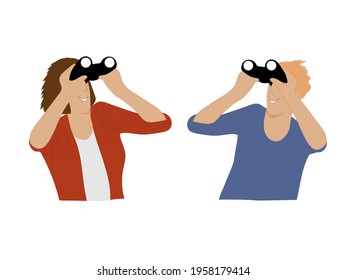 A girl with a beautiful smile and a young man looks through binoculars. Business woman and man holding binoculars and looking into the distance