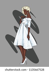 A girl in a beautiful vintage dress. Vector illustration. Clothing and accessories, vintage and retro.
