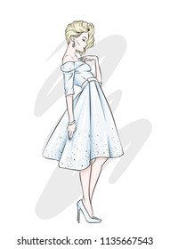 A girl in a beautiful vintage dress. Vector illustration. Clothing and accessories, vintage and retro.
