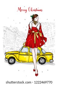 A girl in a beautiful vintage dress. Vector illustration. Clothing and accessories, vintage and retro. Taxi and the city. New Year's and Christmas.
