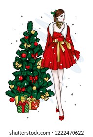 A girl in a beautiful vintage dress. Vector illustration. Clothing and accessories, vintage and retro. Taxi and the city. New Year's and Christmas tree.
