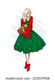 A girl in a beautiful vintage dress. Vector illustration. Clothing and accessories, vintage and retro. New Year's and Christmas.
